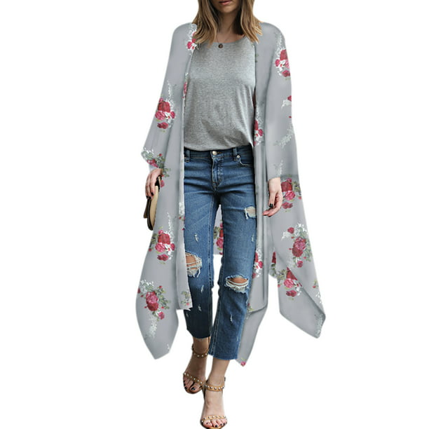 USA Women Flower Print Half Sleeve Cardigan Kimono Jacket Coat Blouse Tops Shirt